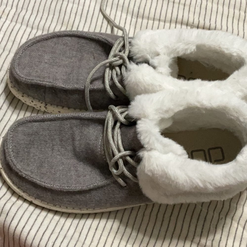 Hey Dude Gray and White Moccasin Slippers with Plush Lining